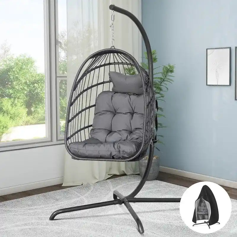 Indoor Egg Swing Chair with Stand, 350 lbs Hanging Egg Chair with Stand, Outdoor Patio Wicker Hammock with Stand