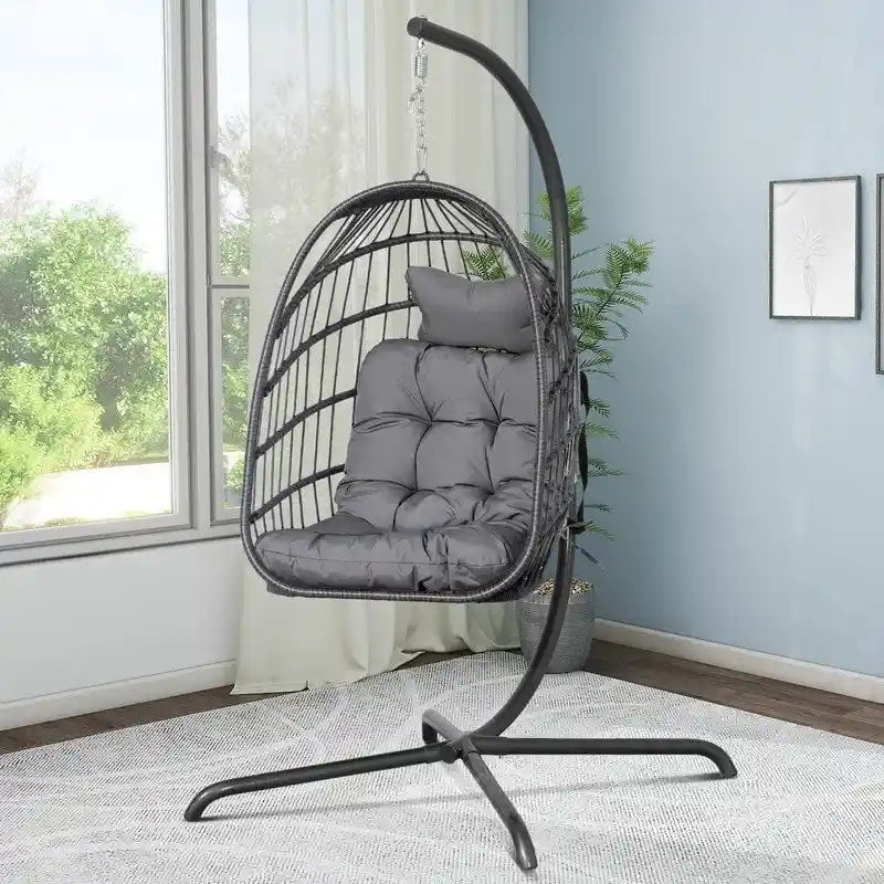 Indoor Egg Swing Chair with Stand, 350 lbs Hanging Egg Chair with Stand, Outdoor Patio Wicker Hammock with Stand