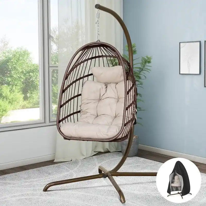 Indoor Egg Swing Chair with Stand, 350 lbs Hanging Egg Chair with Stand, Outdoor Patio Wicker Hammock with Stand
