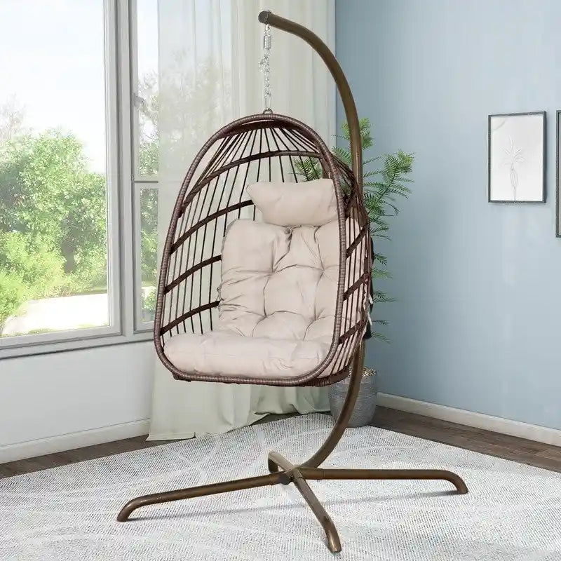 Indoor Egg Swing Chair with Stand, 350 lbs Hanging Egg Chair with Stand, Outdoor Patio Wicker Hammock with Stand