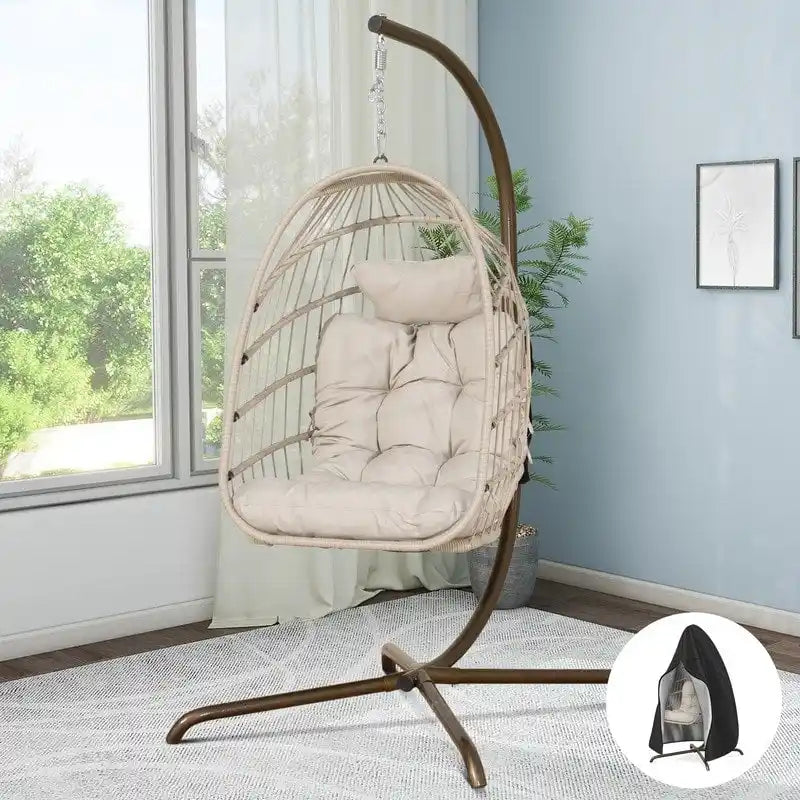 Indoor Egg Swing Chair with Stand, 350 lbs Hanging Egg Chair with Stand, Outdoor Patio Wicker Hammock with Stand
