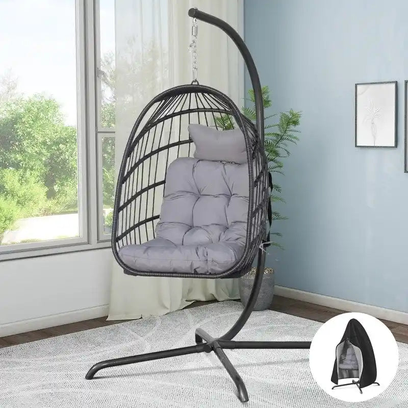 Indoor Egg Swing Chair with Stand, 350 lbs Hanging Egg Chair with Stand, Outdoor Patio Wicker Hammock with Stand
