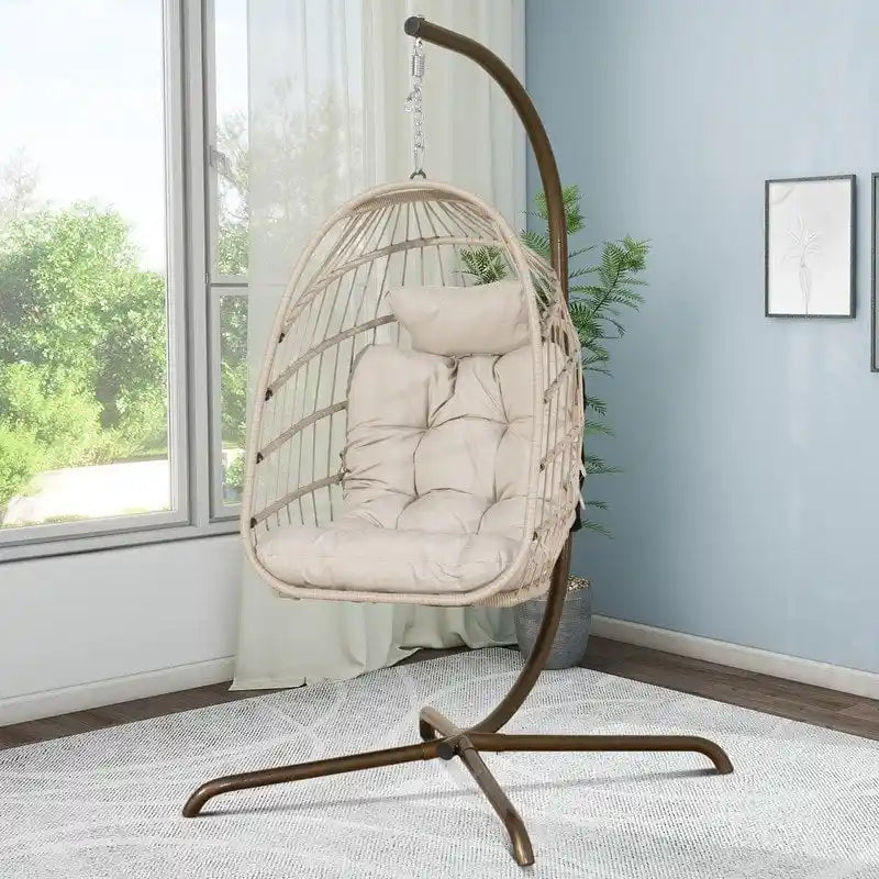 Indoor Egg Swing Chair with Stand, 350 lbs Hanging Egg Chair with Stand, Outdoor Patio Wicker Hammock with Stand