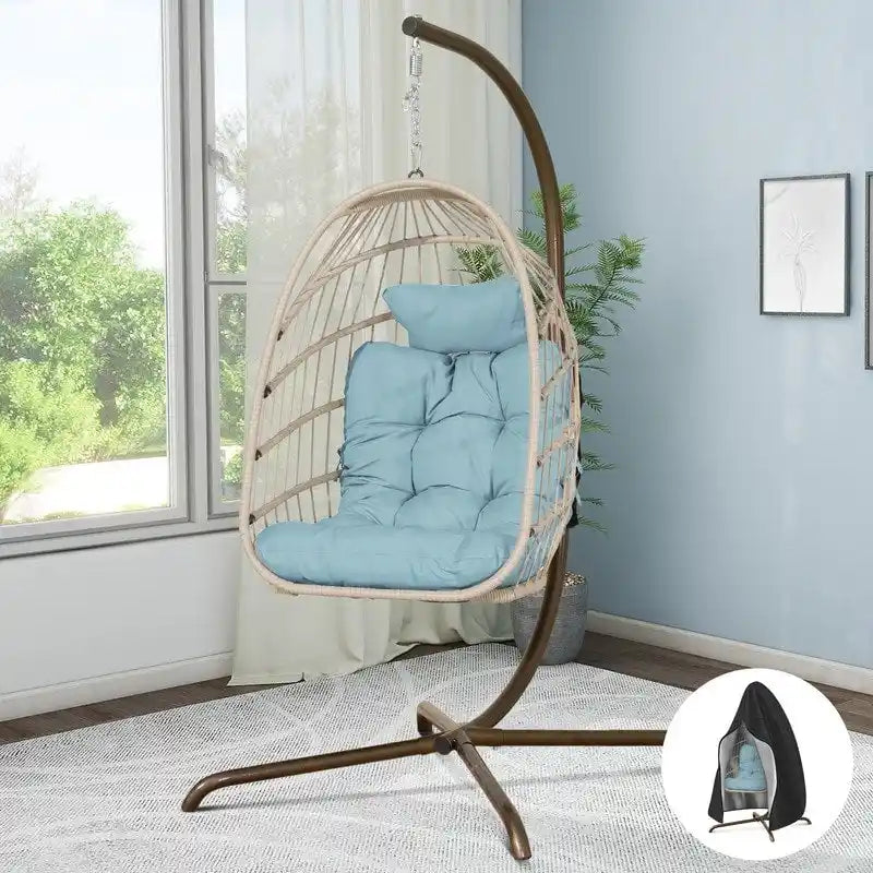 Indoor Egg Swing Chair with Stand, 350 lbs Hanging Egg Chair with Stand, Outdoor Patio Wicker Hammock with Stand
