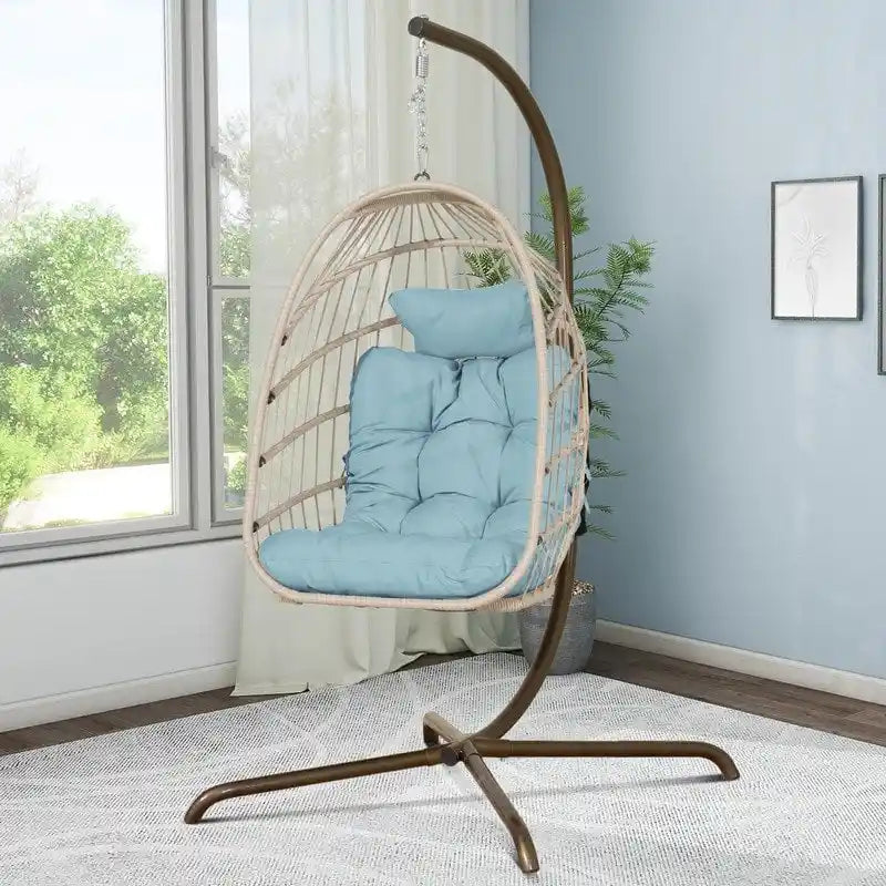Indoor Egg Swing Chair with Stand, 350 lbs Hanging Egg Chair with Stand, Outdoor Patio Wicker Hammock with Stand