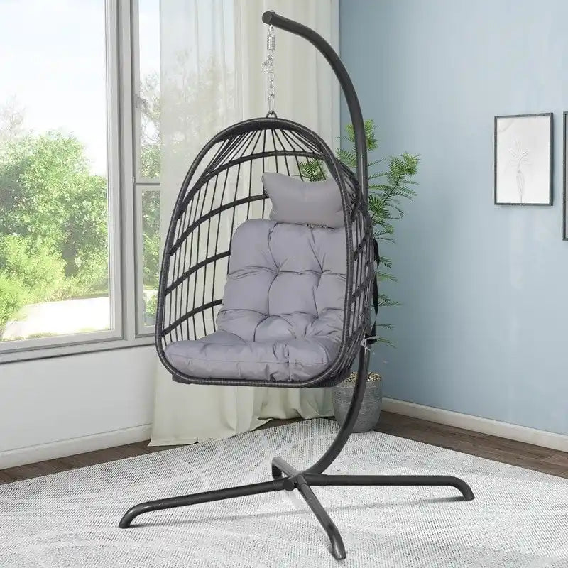 Indoor Egg Swing Chair with Stand, 350 lbs Hanging Egg Chair with Stand, Outdoor Patio Wicker Hammock with Stand