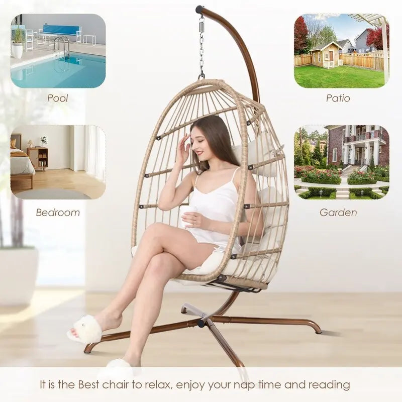 Indoor Egg Swing Chair with Stand, 350 lbs Hanging Egg Chair with Stand, Outdoor Patio Wicker Hammock with Stand