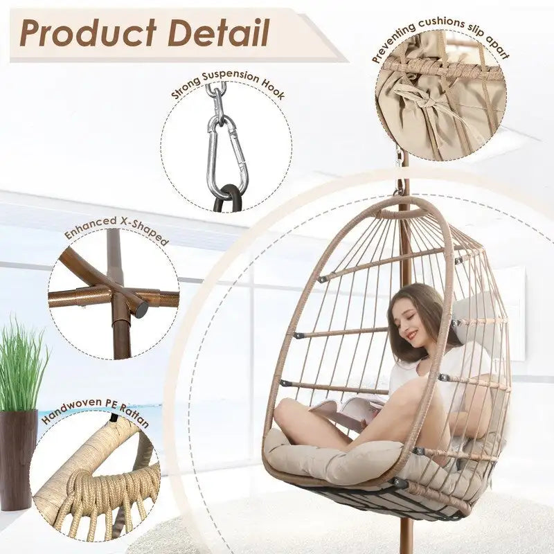 Indoor Egg Swing Chair with Stand, 350 lbs Hanging Egg Chair with Stand, Outdoor Patio Wicker Hammock with Stand