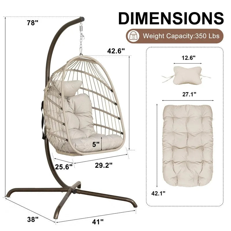 Indoor Egg Swing Chair with Stand, 350 lbs Hanging Egg Chair with Stand, Outdoor Patio Wicker Hammock with Stand