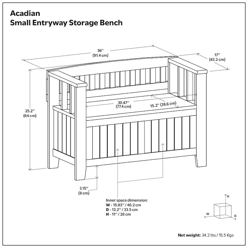 Banc de rangement transitionnel en bois massif, 36 po de largeur, pour petite entrée