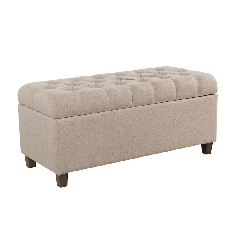 Tan Fabric Button Tufted Storage Bench