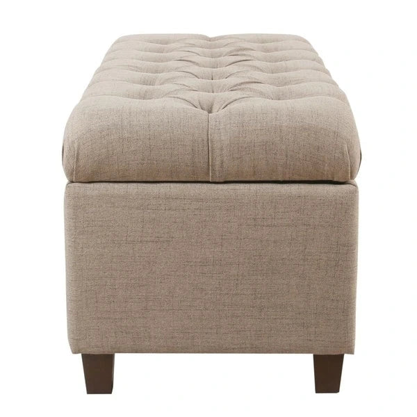 Tan Fabric Button Tufted Storage Bench