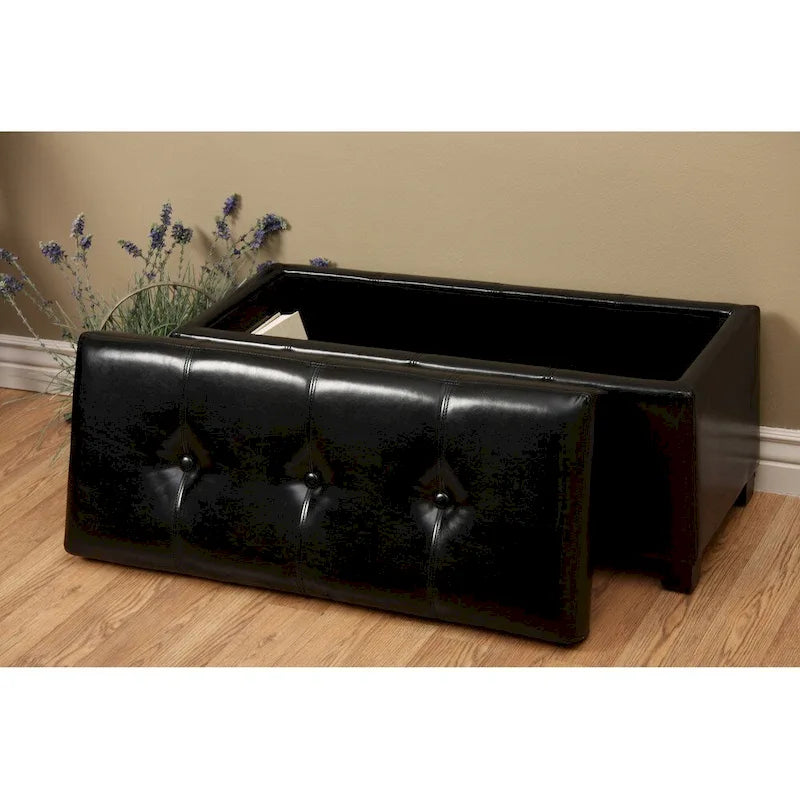 Banc de rangement en similicuir noir avec couvercle amovible