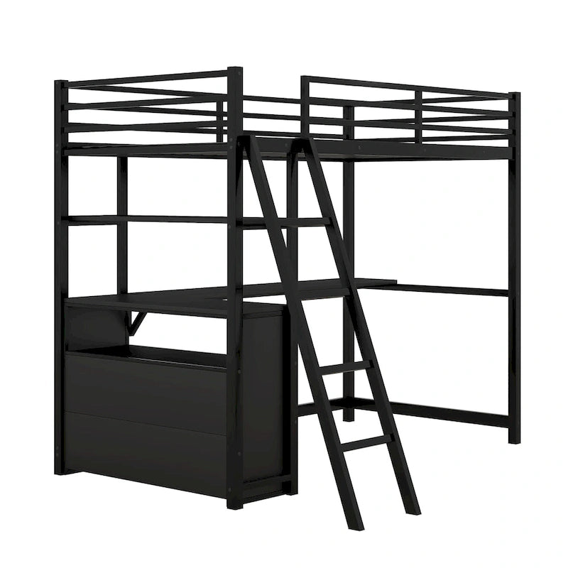 Lit mezzanine avec bureau et étagères
