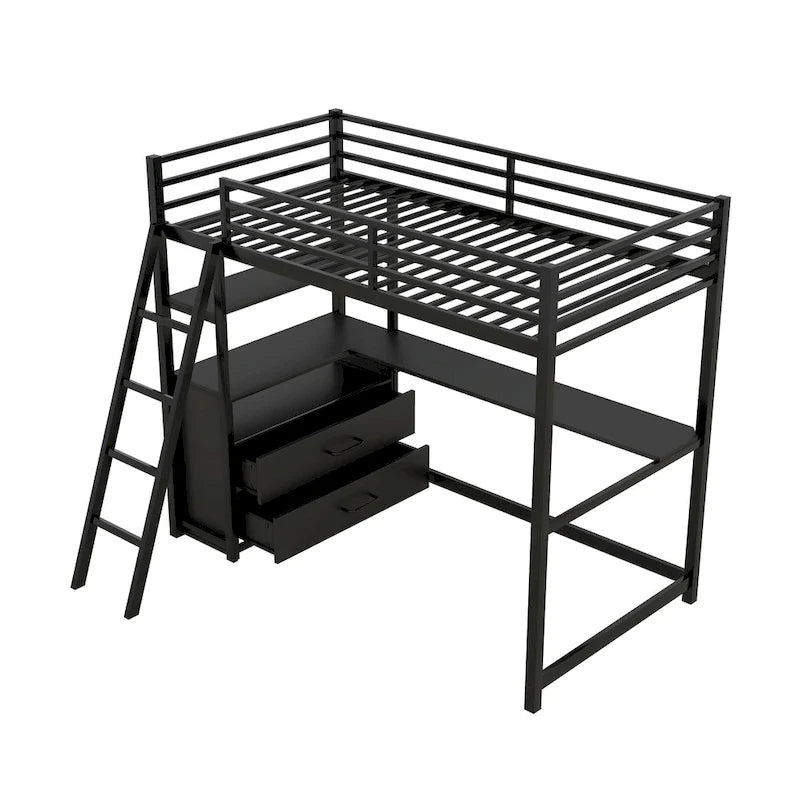 Lit mezzanine avec bureau et étagères
