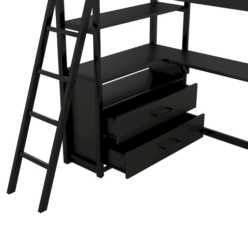 Lit mezzanine avec bureau et étagères