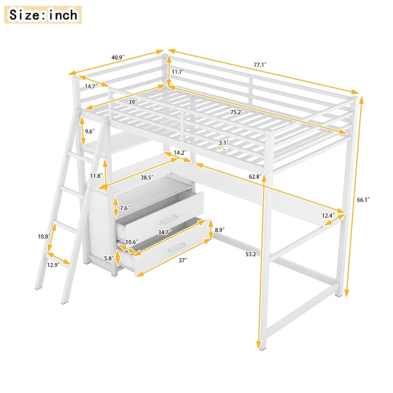Lit mezzanine avec bureau et étagères