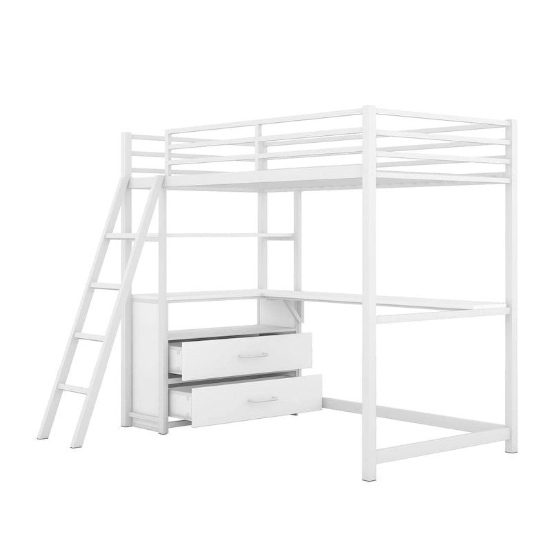 Lit mezzanine avec bureau et étagères