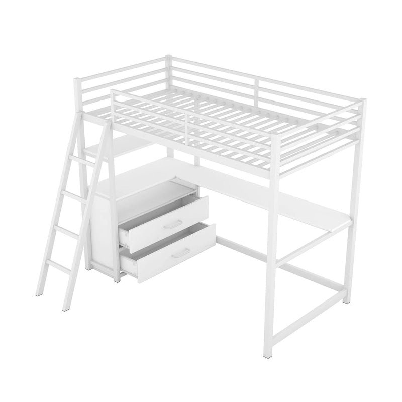 Lit mezzanine avec bureau et étagères