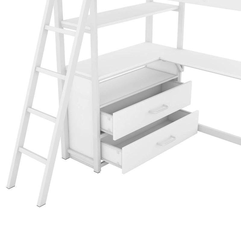Lit mezzanine avec bureau et étagères