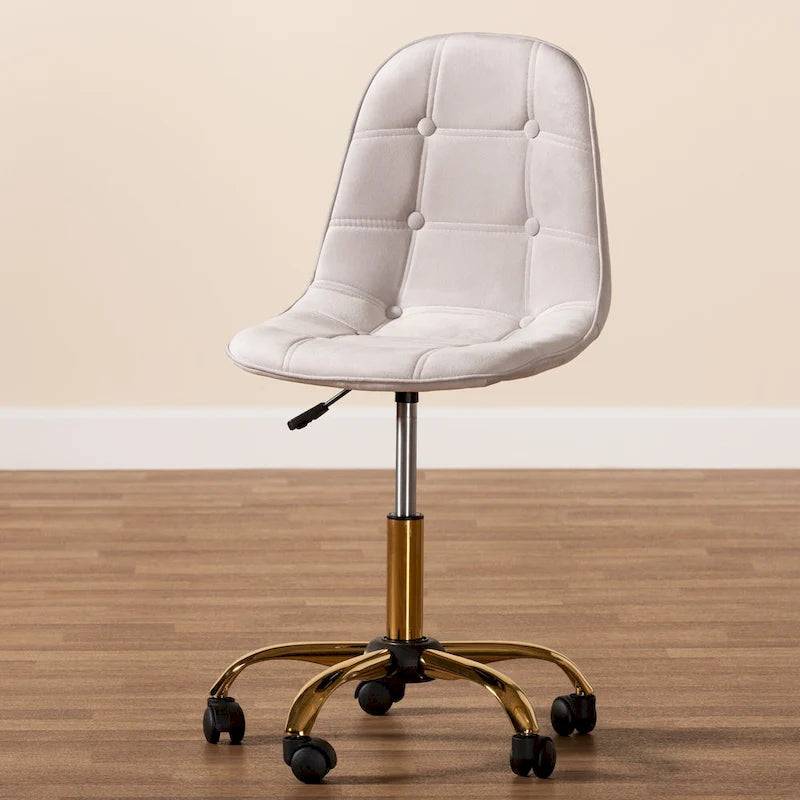 Chaise de bureau pivotante contemporaine en velours glamour de luxe et métal doré