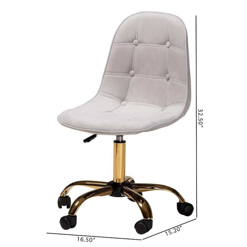 Chaise de bureau pivotante contemporaine en velours glamour de luxe et métal doré