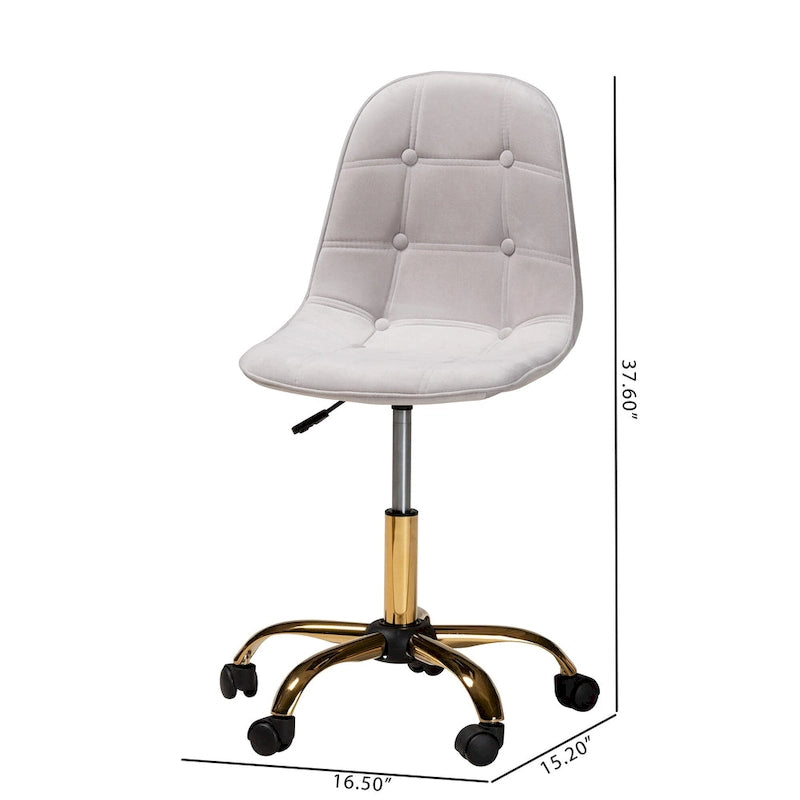 Chaise de bureau pivotante contemporaine en velours glamour de luxe et métal doré