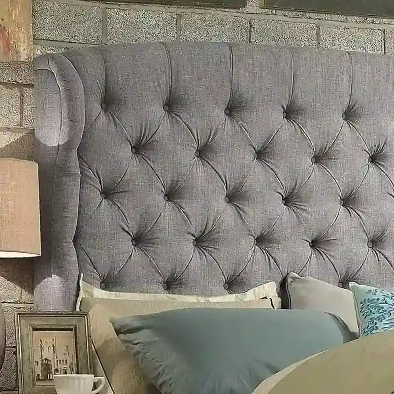 Tufted with Wings Upholstery Headboard, Queen Size, Grey