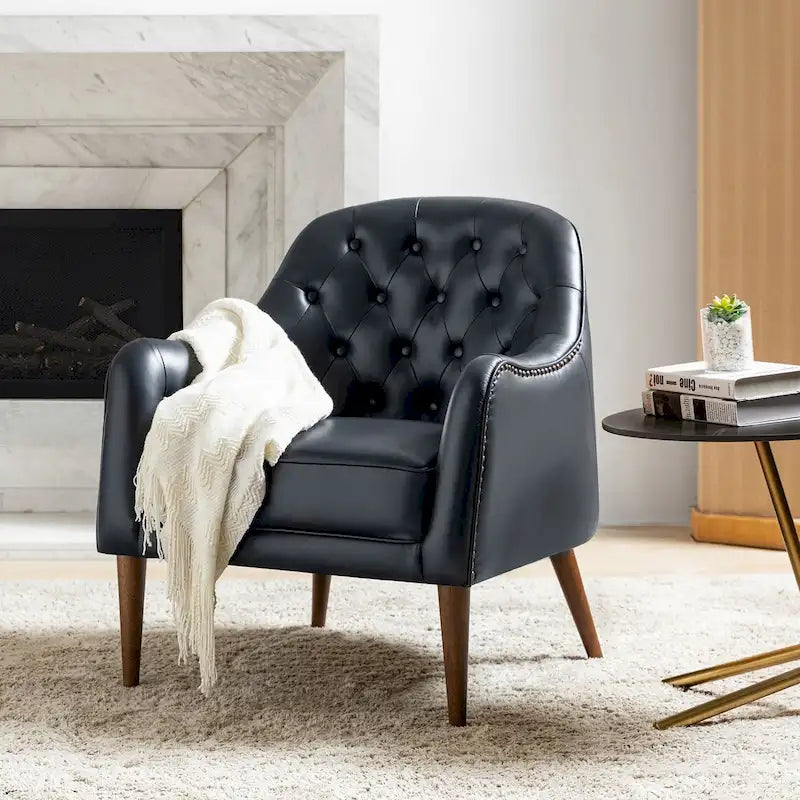 Classic Genuine Leather Wood Legs Barrel Chair With Tufted Back