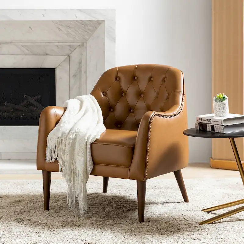 Classic Genuine Leather Wood Legs Barrel Chair With Tufted Back