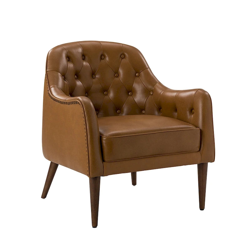 Classic Genuine Leather Wood Legs Barrel Chair With Tufted Back