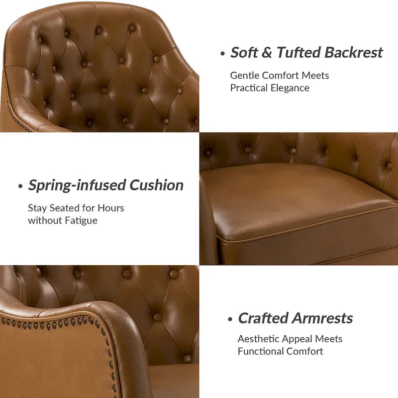 Classic Genuine Leather Wood Legs Barrel Chair With Tufted Back
