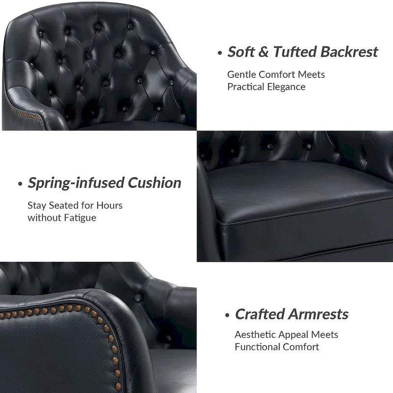 Classic Genuine Leather Wood Legs Barrel Chair With Tufted Back