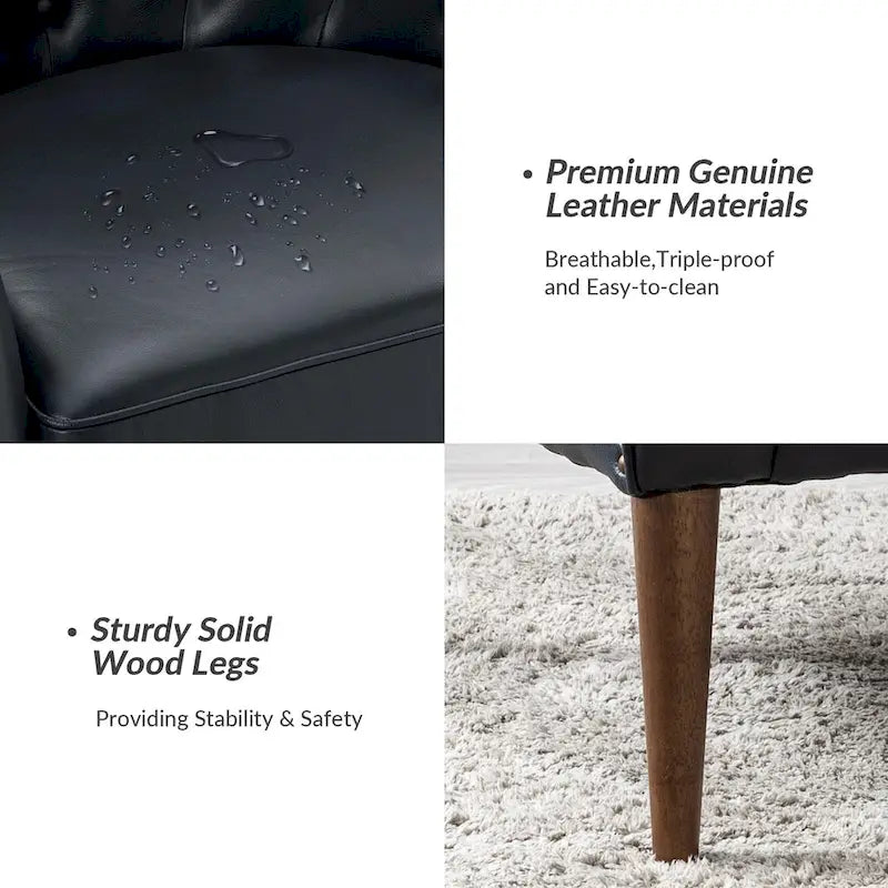 Fauteuil Club en Cuir Véritable Classique avec Pieds en Bois et Dossier Capitonnée