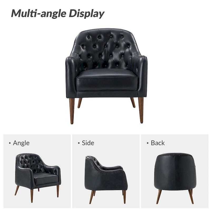 Fauteuil Club en Cuir Véritable Classique avec Pieds en Bois et Dossier Capitonnée