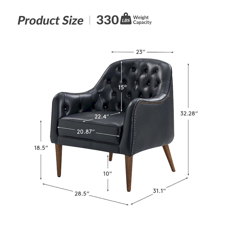 Fauteuil Club en Cuir Véritable Classique avec Pieds en Bois et Dossier Capitonnée