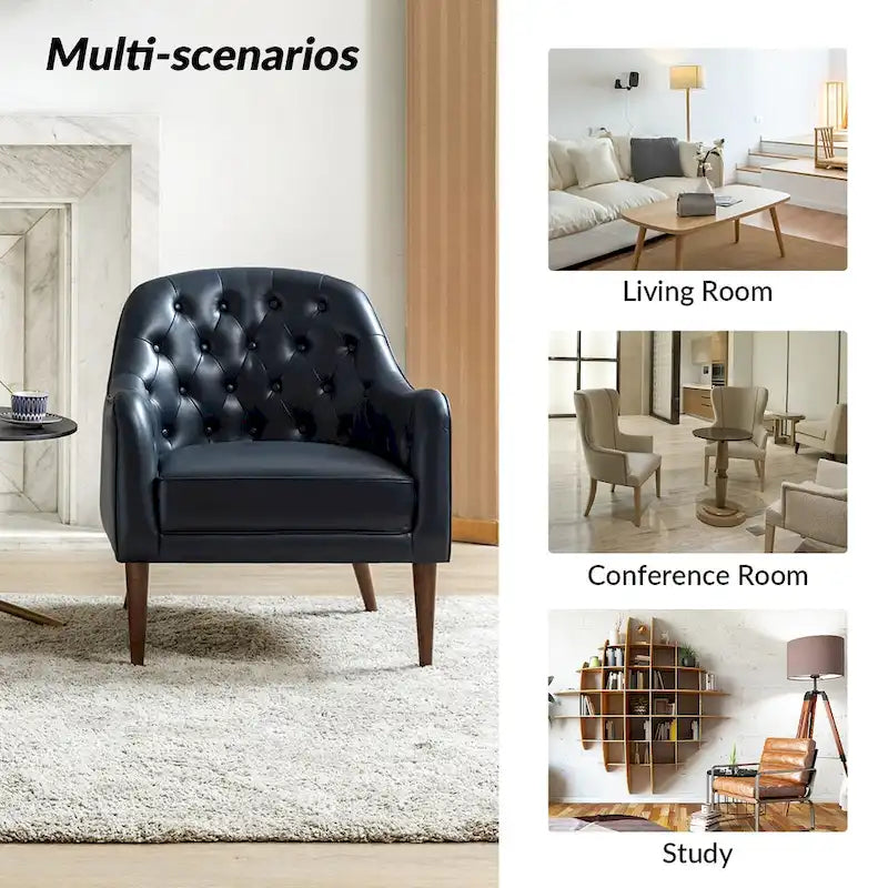 Fauteuil Club en Cuir Véritable Classique avec Pieds en Bois et Dossier Capitonnée
