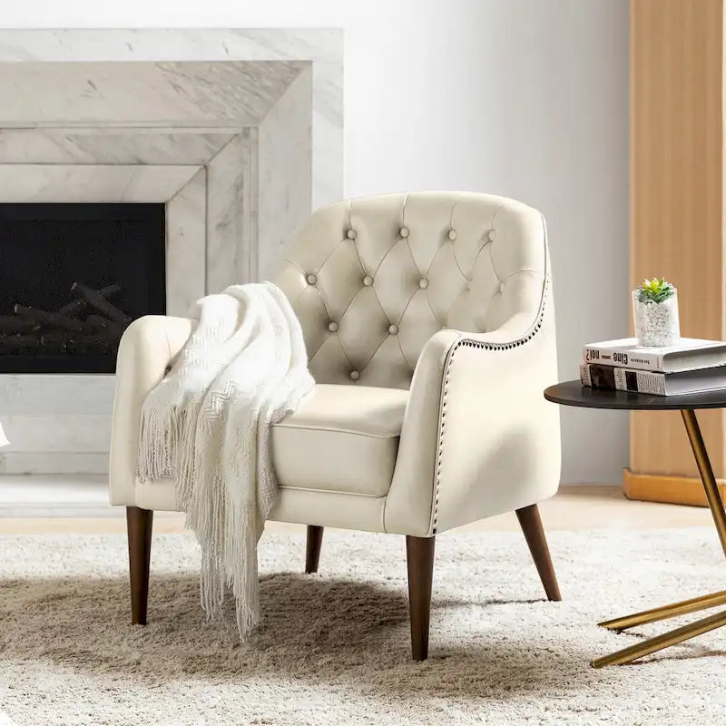 Fauteuil Club en Cuir Véritable Classique avec Pieds en Bois et Dossier Capitonnée