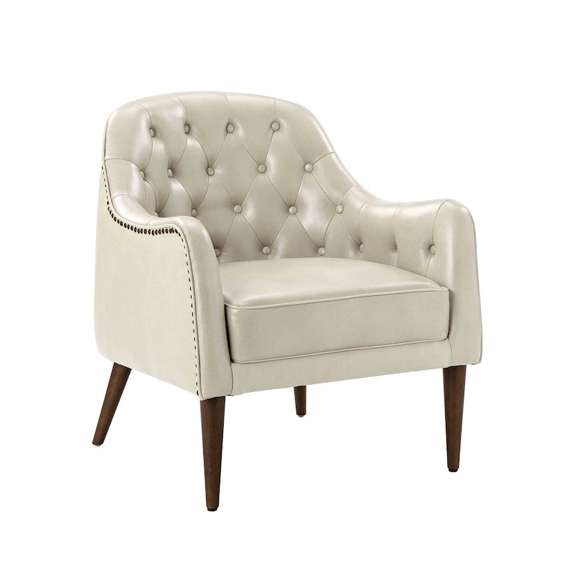 Fauteuil Club en Cuir Véritable Classique avec Pieds en Bois et Dossier Capitonnée