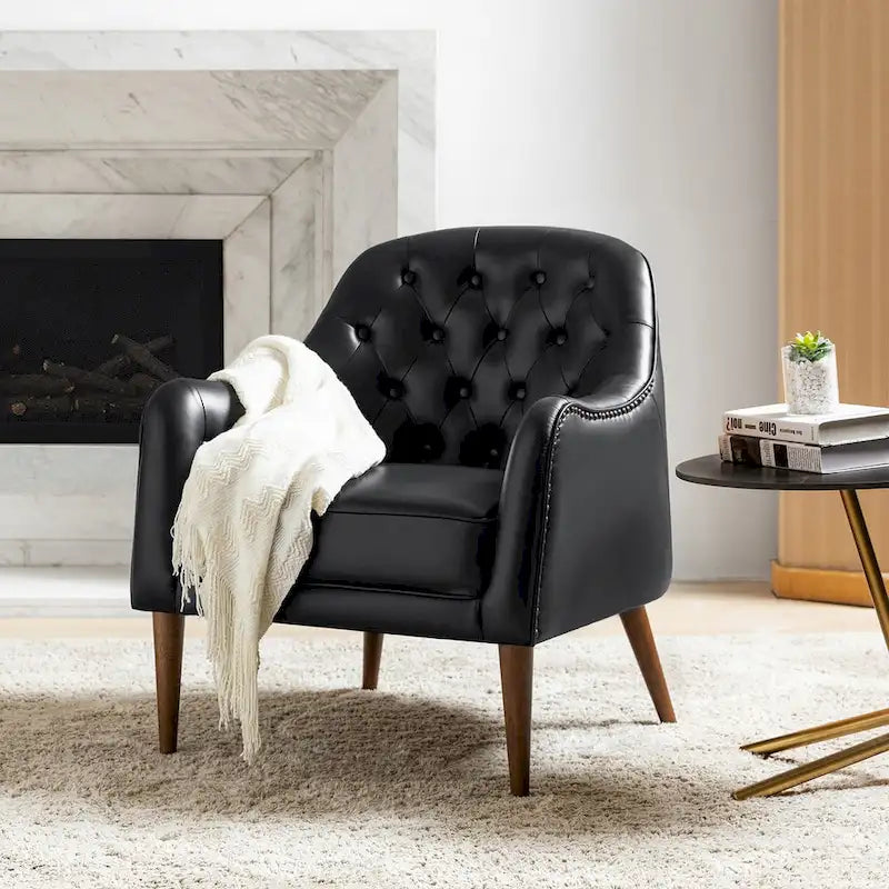 Fauteuil Club en Cuir Véritable Classique avec Pieds en Bois et Dossier Capitonnée