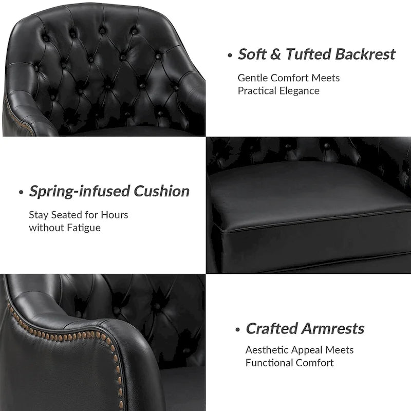 Fauteuil Club en Cuir Véritable Classique avec Pieds en Bois et Dossier Capitonnée