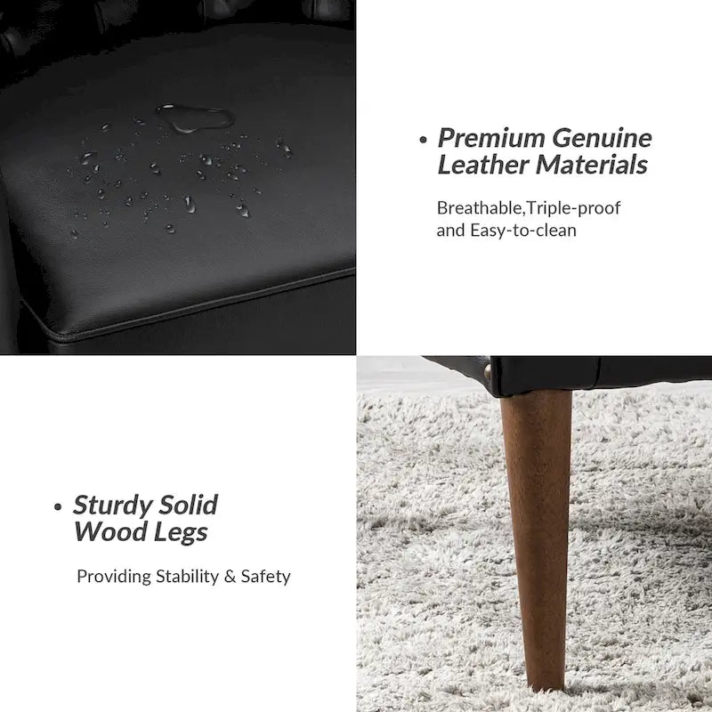 Fauteuil Club en Cuir Véritable Classique avec Pieds en Bois et Dossier Capitonnée