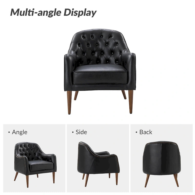 Fauteuil Club en Cuir Véritable Classique avec Pieds en Bois et Dossier Capitonnée