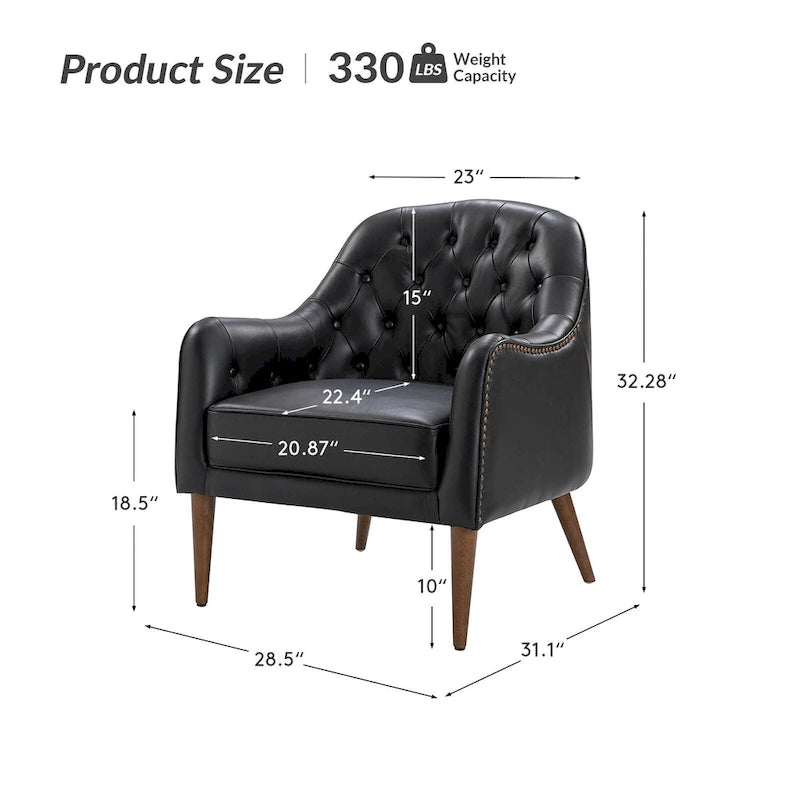Fauteuil Club en Cuir Véritable Classique avec Pieds en Bois et Dossier Capitonnée
