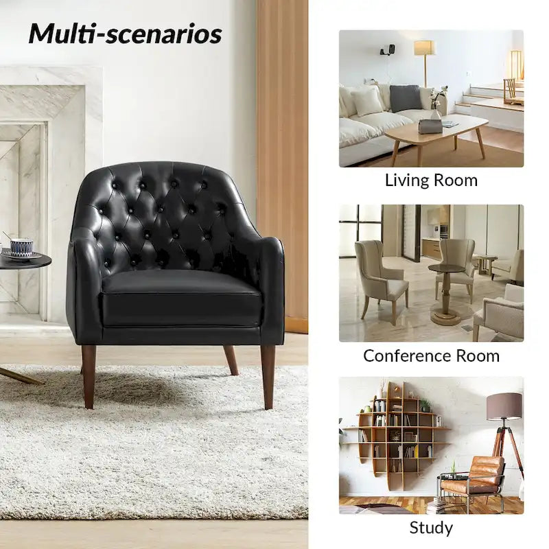 Fauteuil Club en Cuir Véritable Classique avec Pieds en Bois et Dossier Capitonnée