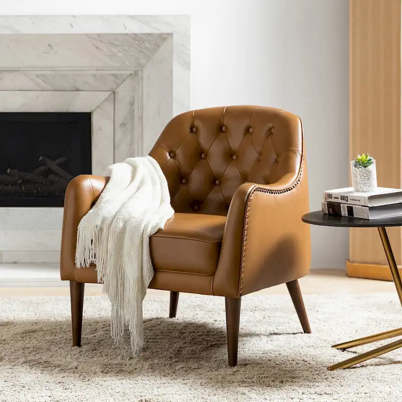 Fauteuil Club en Cuir Véritable Classique avec Pieds en Bois et Dossier Capitonnée