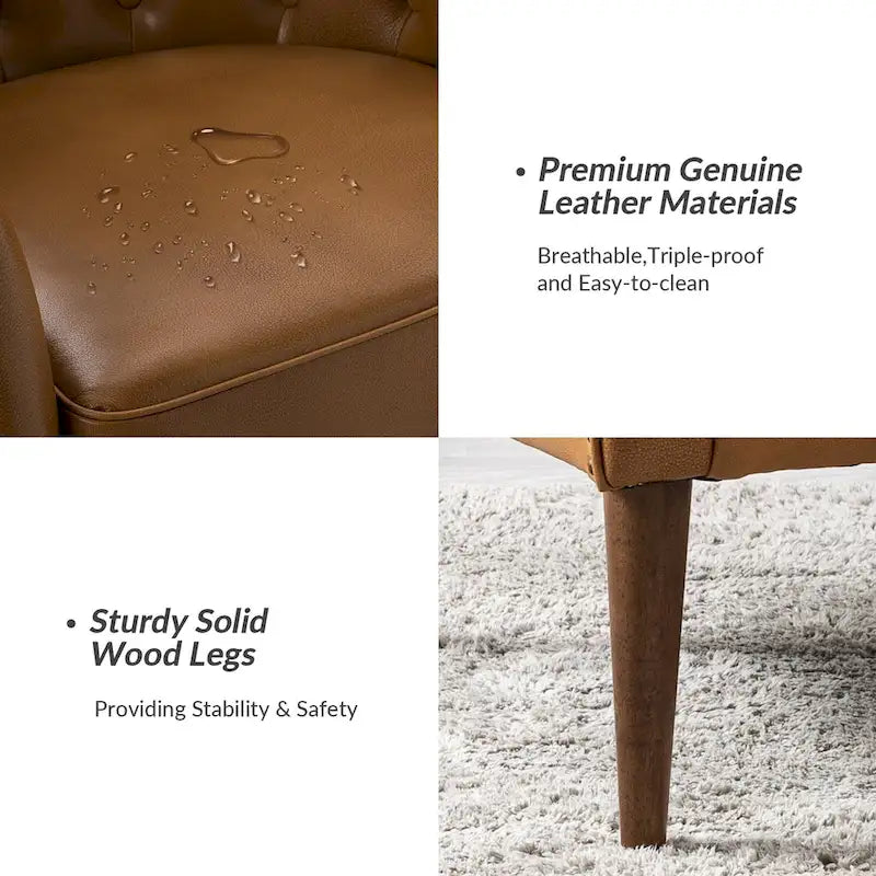 Fauteuil Club en Cuir Véritable Classique avec Pieds en Bois et Dossier Capitonnée