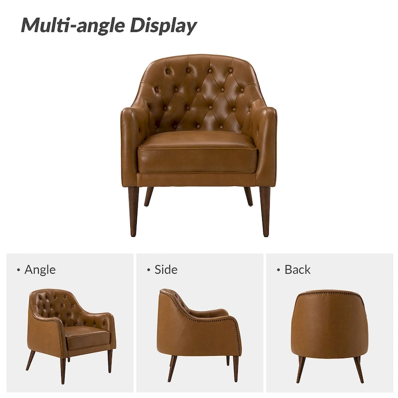 Fauteuil Club en Cuir Véritable Classique avec Pieds en Bois et Dossier Capitonnée