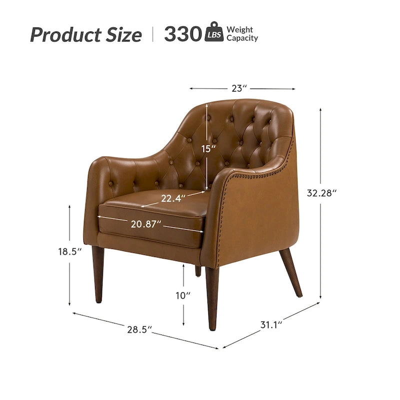 Fauteuil Club en Cuir Véritable Classique avec Pieds en Bois et Dossier Capitonnée
