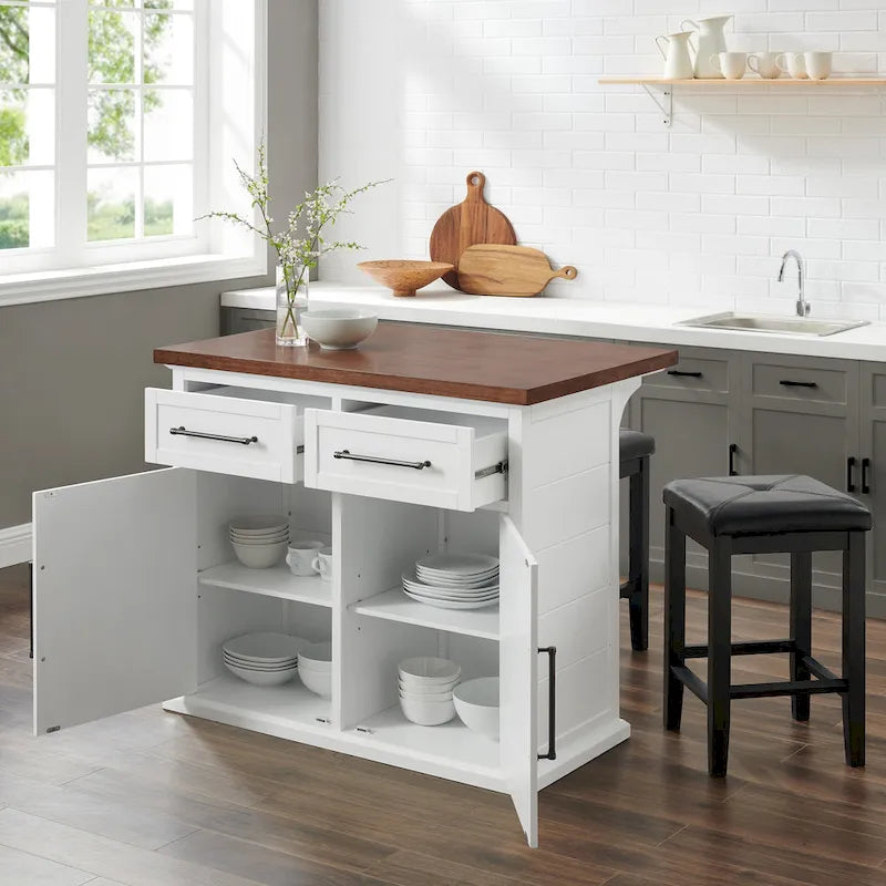 Wood Top Kitchen Island W/Uph Square Stools - 50d x 42w x 36h